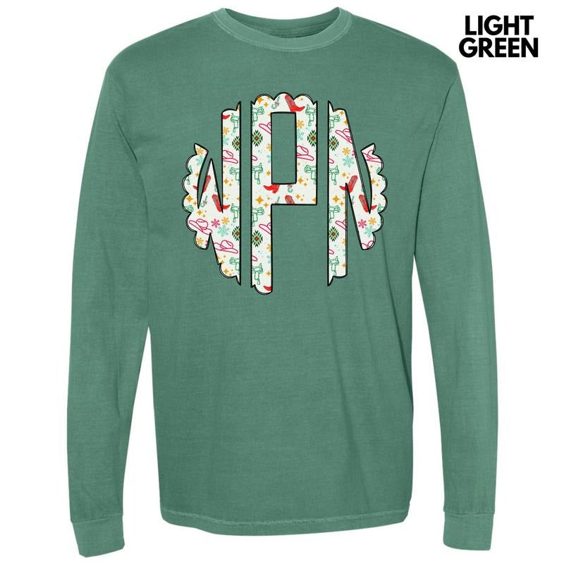 Cowgirl Christmas Monogram Long Sleeve Comfort Colors T-Shirt 'NLB' Hoodie, Sweatshirt | HypeCrazeTee.com