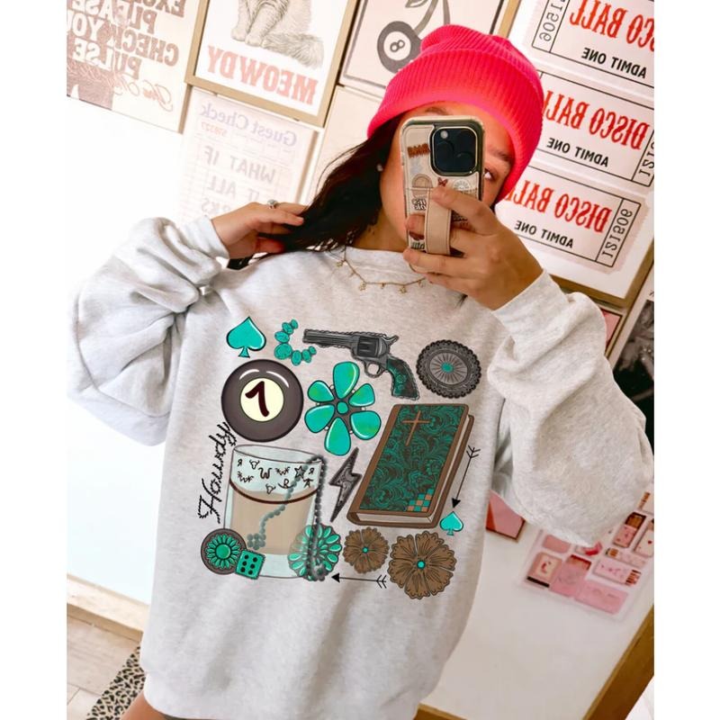 Cowgirl Essentials Sweatshirt, Graphic Crewneck Sweatshirt, cowgirl outfits, western clothing, western tops outfits...