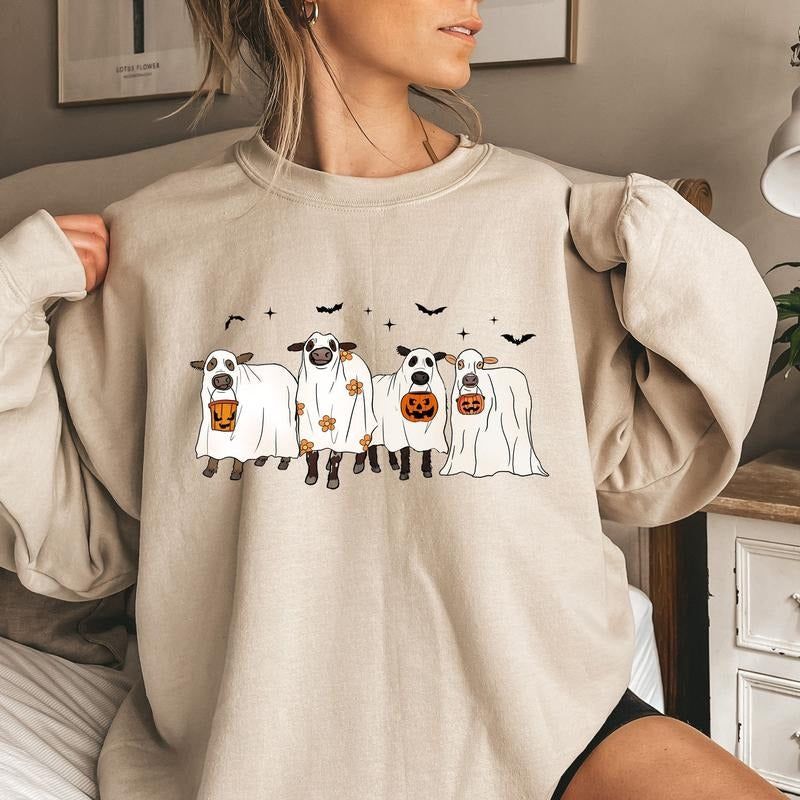 Cows Halloween Sweatshirt, Halloween Ghost Cows Sweatshirt, Spooky Cows Halloween Gifts, Cow Lovers Halloween Gift...