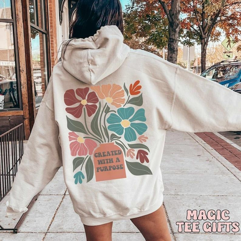 Created with a purpose Boho Christian Hoodie Bible Verse Christian Sweatshirts Jesus Hoodie Church hoodie Trendy Hoodie...
