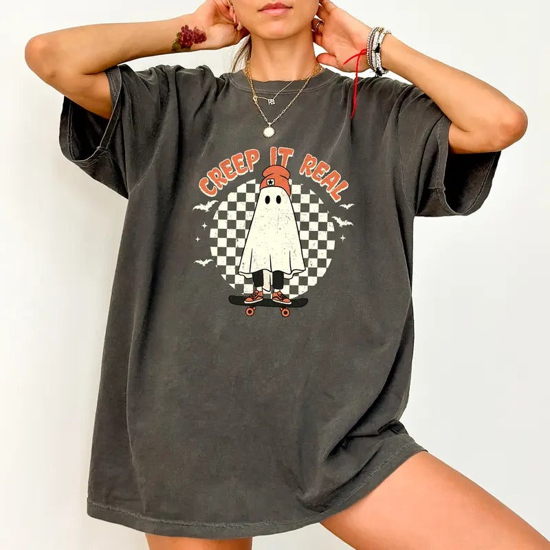 Creep It Real Tee, Retro Halloween T-shirt, Spooky Season Unhinged Shirt, Funny Shirt For Women, Vintage Ghost Halloween...