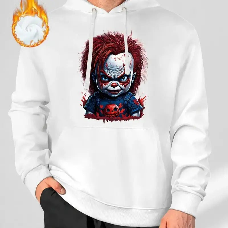 Creepy Chucky Print - Casual Knit Fabric Halloween Horror Doll Graphic Hoodie with Double Regular Fit Horror Movie...