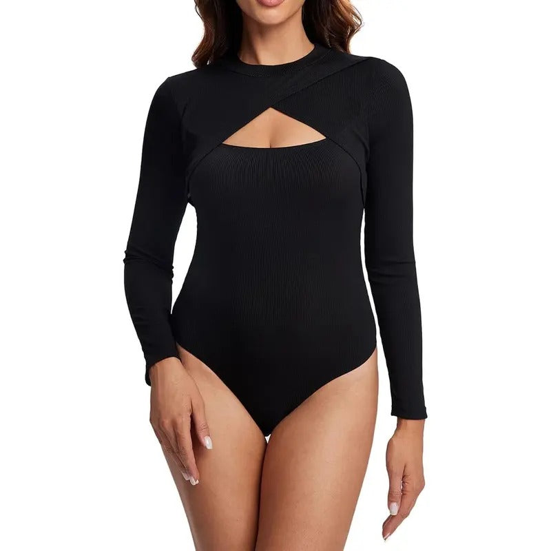 Crewneck Cut Out Wrap Front Rib Knit Slim Fit Long Sleeve Tops Shirt Bodysuit Jumpsuit low rise with full length top...