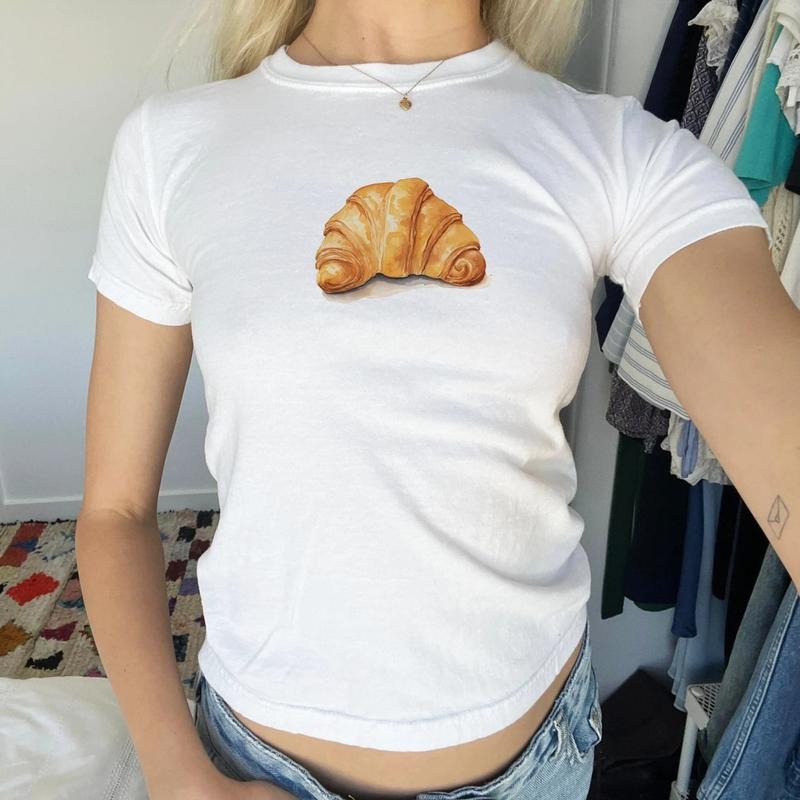 Croissant Painting Baby Tee, Cute Croissant Tee Shirt, Aesthetic Baby Tee Hoodie, Sweatshirt | HypeCrazeTee.com