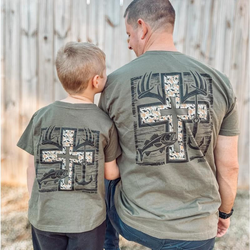 Cross Camo Hunting and Fishing Tee, Adult and Youth Shirt, Perfect for Outdoor Enthusiasts Hoodie, Sweatshirt