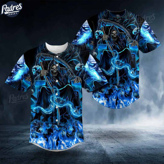Custom Blue Fire Grim Reaper Skull Baseball Jersey - Padres Jersey Oasis: Elevate Your Baseball Style Game
