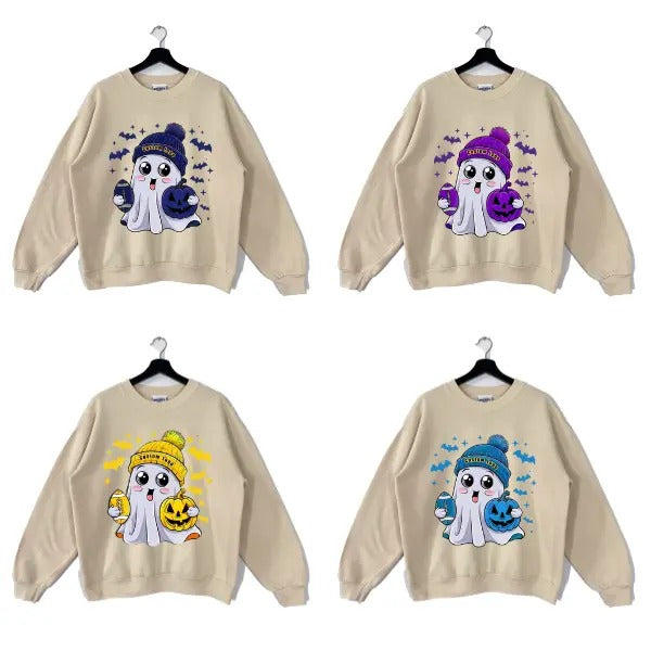 Custom Cute Ghost All Team Football Sweatshirt, Halloween Football Fan Ghost with Pumpkin T-Shirts, Hoodie | HypeCrazeTee.com