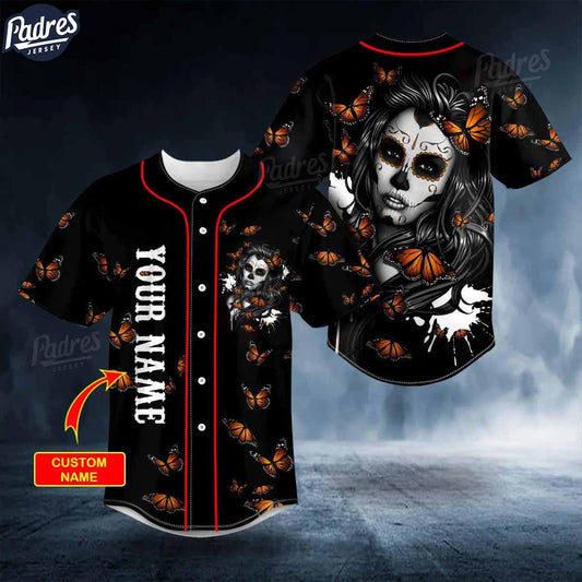 Custom Day Of The Dead Pattern Butterfly Girl Skull Baseball Jersey - Padres Jersey Oasis: Elevate Your Baseball Style Game