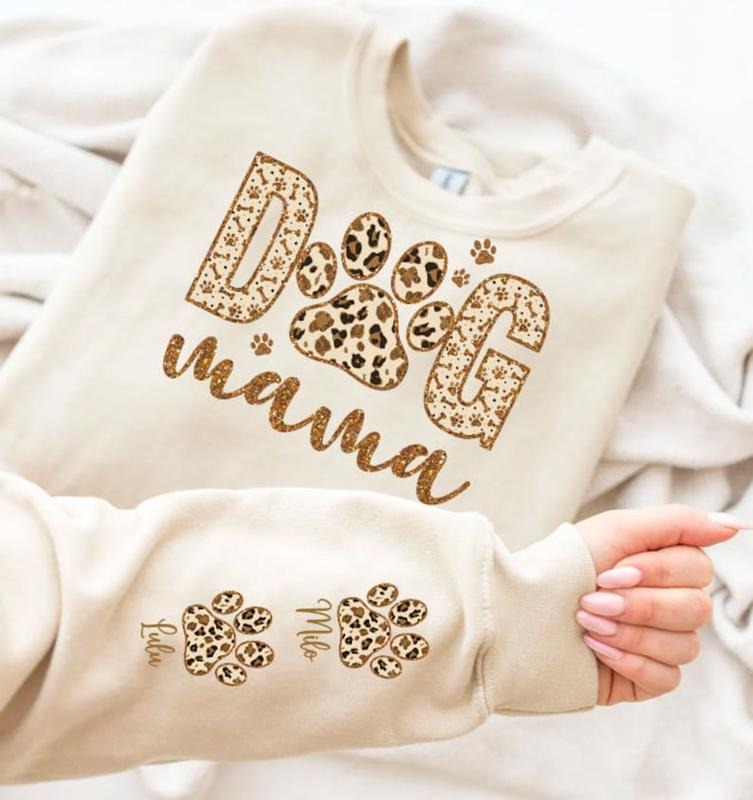 Custom Dog MAMA and Sleeve Shirt, Dog Paw Shirt, Leopard Glitter Dog Mama Shirt, Mother's Day Shirt, Name on sleeve, Dog...