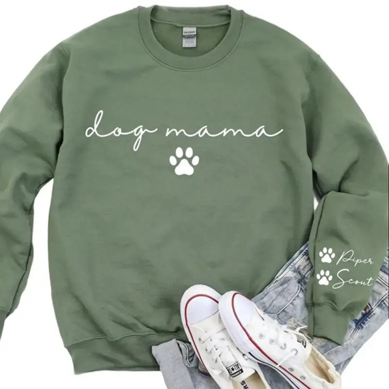 Custom Dog Mama Sweatshirt with Pet Name on Sleeve, Crewneck or Hoodie, Custom Neck Sleeve Design, Fur Mama, Dog Mom...