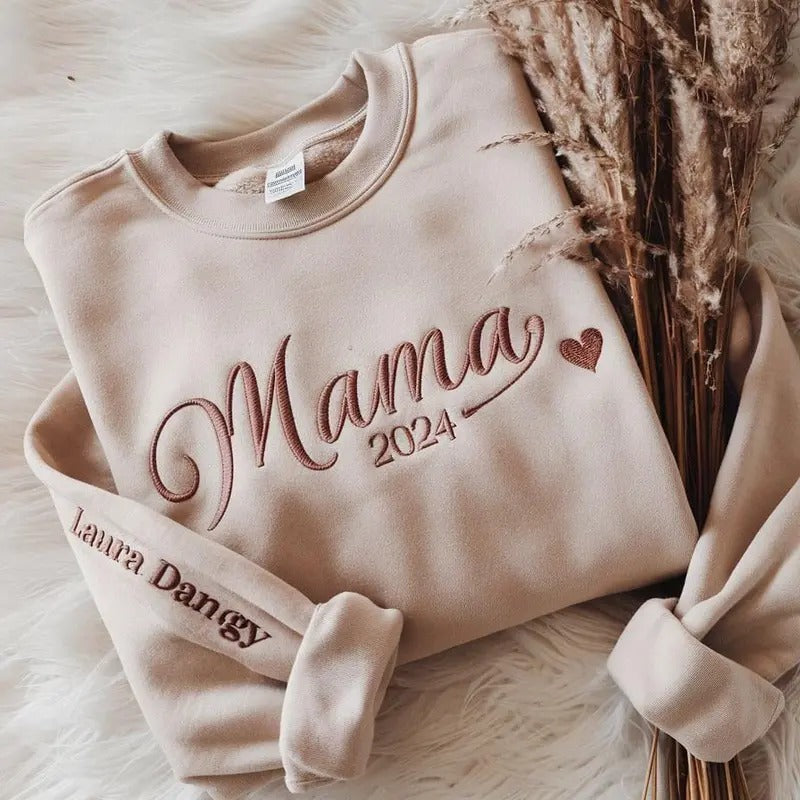 Custom Embroidered Mama Sweatshirt With Kids Names On Sleeve, Personalized Mom Embroidery Hoodie, Birthday Outfits, Baby...