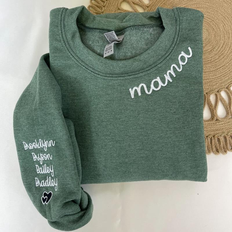Custom Embroidered Mama Sweatshirt with Kids Names on Sleeve, Personalized Minimalist Gift Mom Sweatshirt T-Shirts, Hoodie