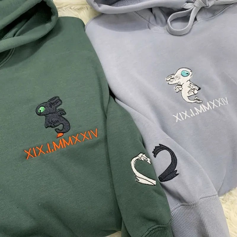 Custom Embroidered Roman Numeral Couple Sweatshirts, Embroidered Dragon Hoodies, Personalized Valentine, Anniversary,...
