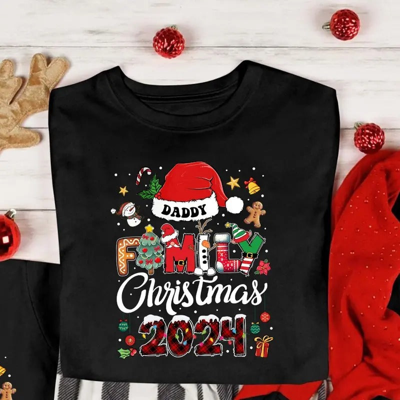 Custom Family Matching Christmas Shirts, Personalized Family Christmas 2024 Black Graphic Tee, Holiday Matching T-shirt,...