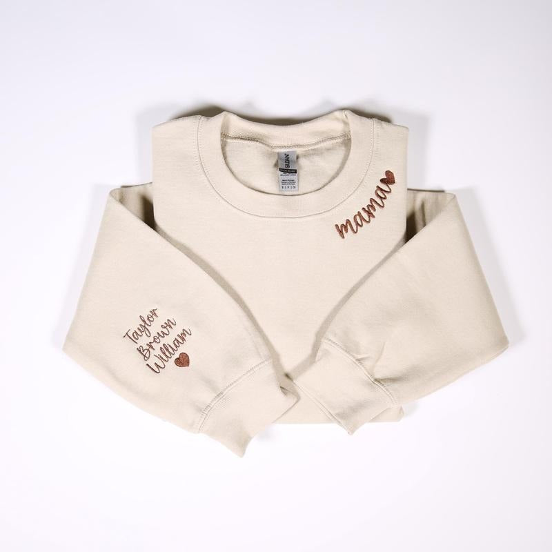 Custom Mama Embroidered Sweatshirt With Kids Names On Sleeve, Personalized Mom Embroidery Hoodie T-Shirts | HypeCrazeTee.com