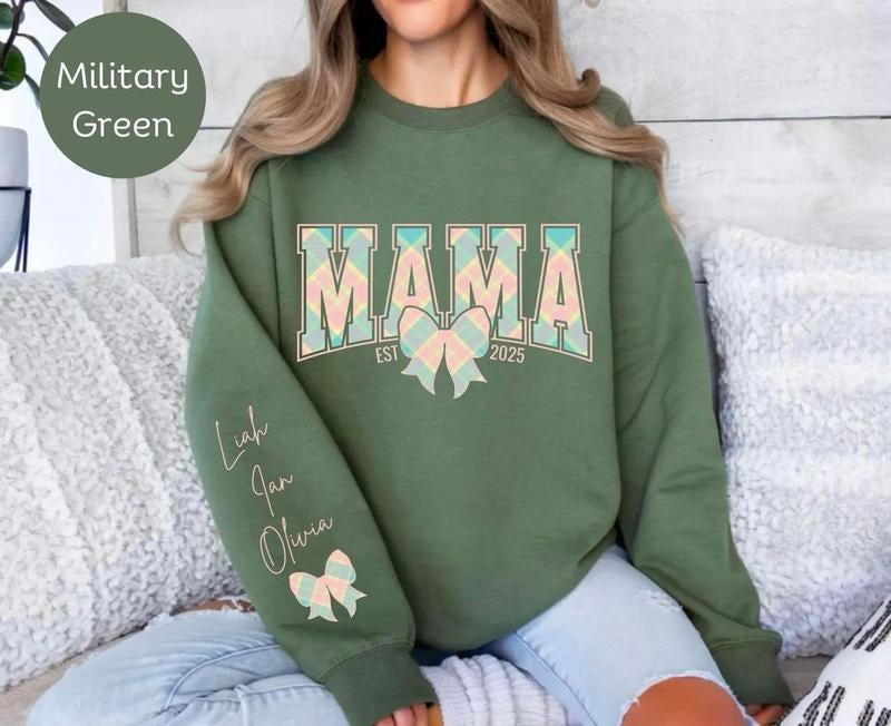 Custom Mama Sweatshirt With Kid Name On Sleeve, Personalized Floral Bow Hoodie, Mother's day Gift for Mom, Coquette Mama...