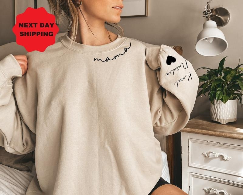 Custom Mama Sweatshirt With Name On Sleeve, Mama Custom Sweater, Personalized Mom Sweatshirt, Minimalist Momma Hoodie,...