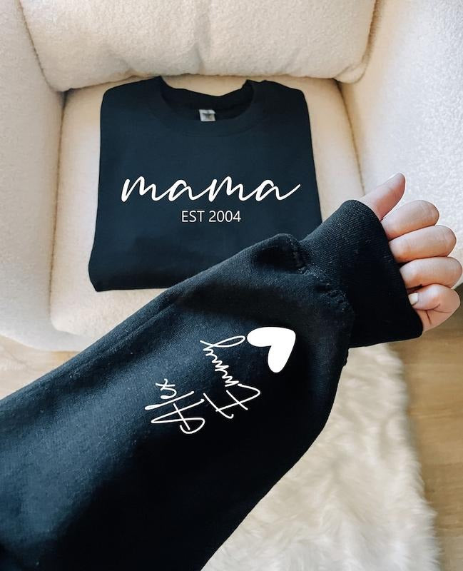Custom Mama Sweatshirt with Date and Children Name on Sleeve, Mama Sweatshirt, Minimalist Mama, Ollie and Penny, Gift for...