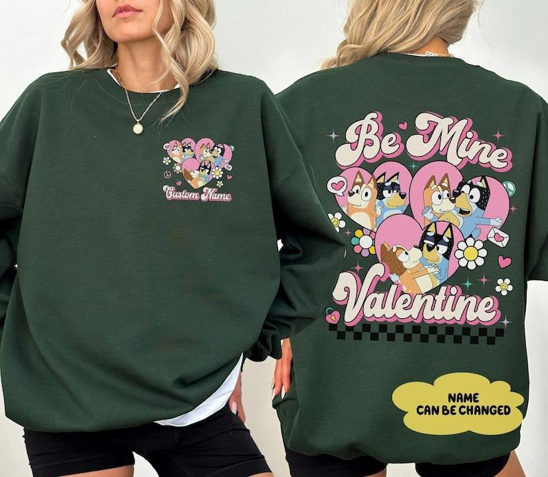 Custom Name Bluey Mum Dad Shirt Bandit Chilli Bluey Be Mine Valentine Shirt Retro Bluey Family Shirts Bandit Heeler Shirt Bandit Chili Bingo Valentine Trending T-Shirts, Hoodie, Sweatshirt