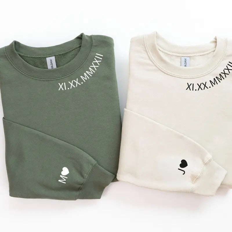Custom Roman Numeral Valentine's Day Sweatshirt, Personalized Date and Initial Crewneck, Couple Engagement and...