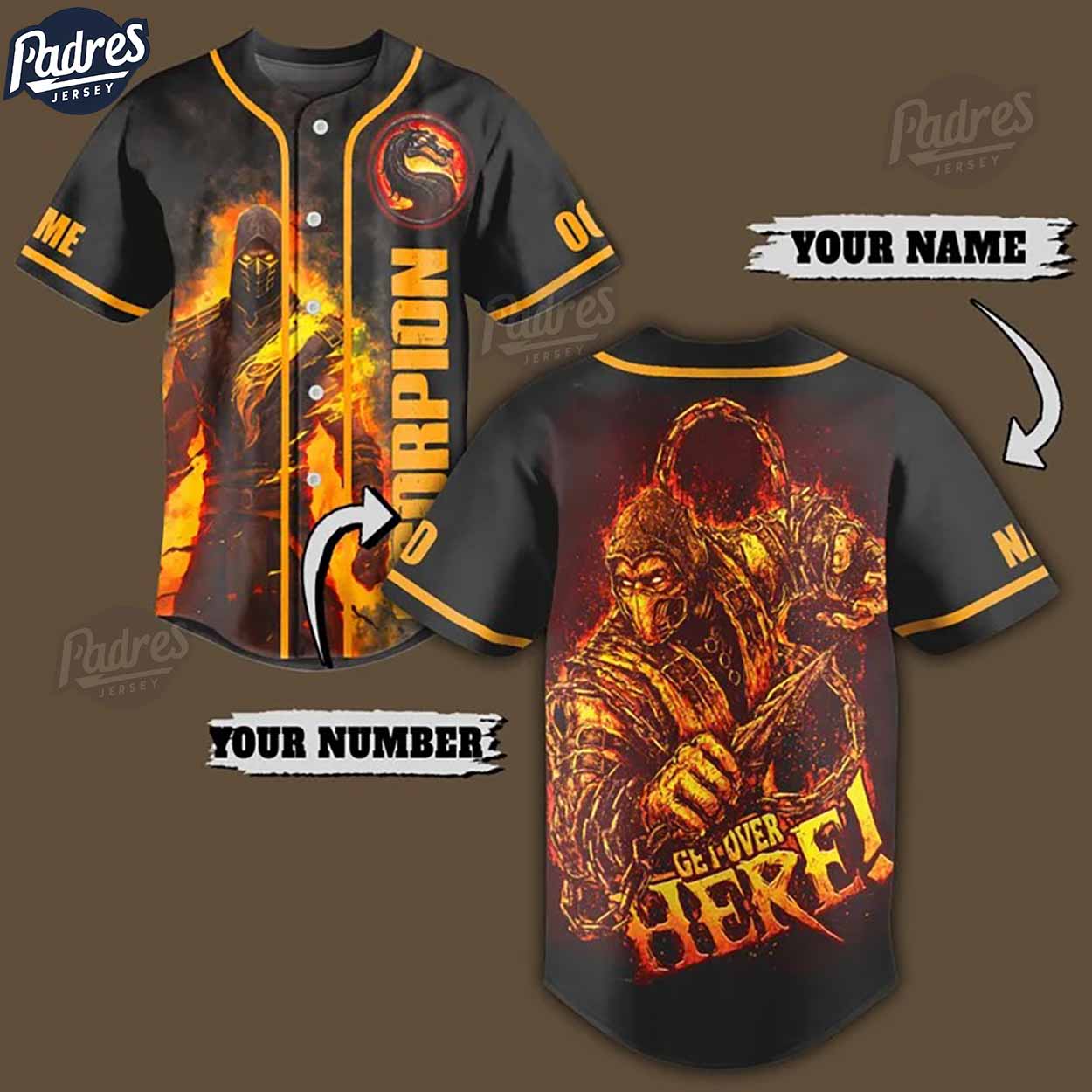 Custom Scorpion Get Over Here Mortal Kombat Baseball Jersey - Padres Jersey Oasis: Elevate Your Baseball Style Game