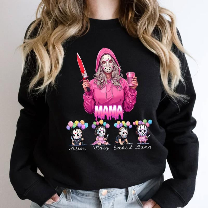 Custom Spooky MAMA Sweatshirt, Personalize Horror Characters Sweatshirt, Halloween Shirts, Spooky Season Shirts Hoodie