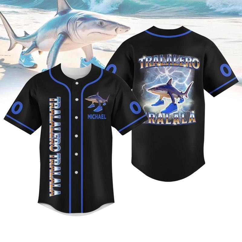 Custom Tralalero Tralala Baseball Jersey, Funny Shark Meme Shirt, Shark With Shoes Meme Shirt, Weird Absurd Funny Shirt,...