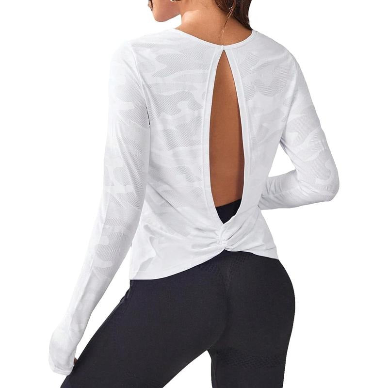 Cut Out Back Yoga Shirt Mesh Camo Print Workout T Shirt Sports Tee Hoodie, Sweatshirt | HypeCrazeTee.com