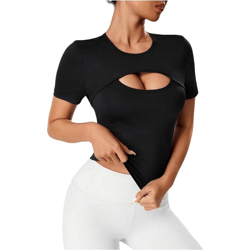 Cut Out Short Sleeve Round Neck Sports T Shirt Slim Fit Yoga Athletic Tee Tops Hoodie, Sweatshirt | HypeCrazeTee.com