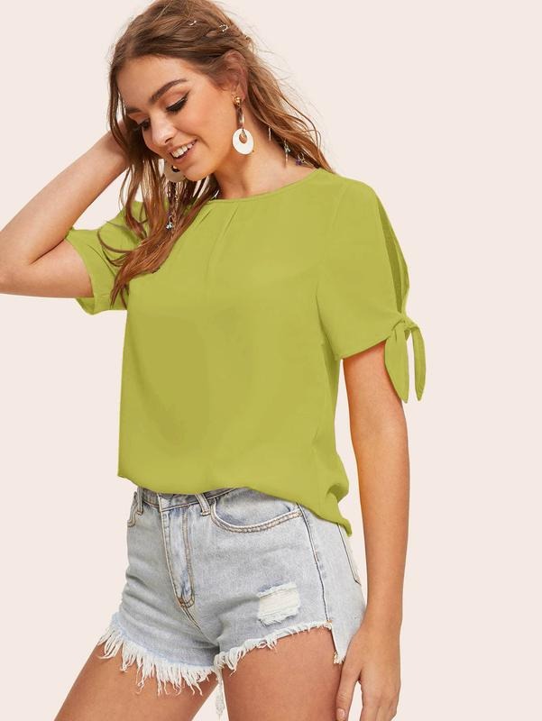 Cut Out Tie Cuff Short Sleeve Blouse Pleated Round Neck Casual Shirts Tops Hoodie, Sweatshirt | HypeCrazeTee.com