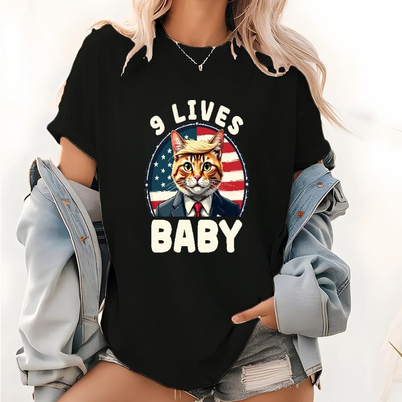 Cute "9 Lives Baby" Cat Trump Women's T - Shirt with American Flag Background Hoodie, Sweatshirt | HypeCrazeTee.com
