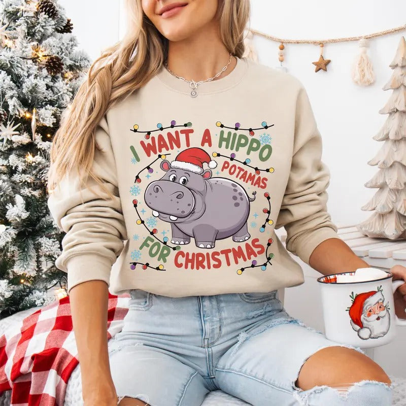 Cute A Hippopotamus For Christmas Sweatshirt, Hippopotamus Christmas Lights Shirts, I Want A Hippo Potamus For Christmas...