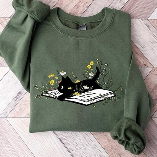 Cute Cat Book Sweatshirt, Bookish Sweatshirt, Book Lover Shirt, Gift for Cat Lover, Librarian Gift, Floral Cat Shirt, Cat...