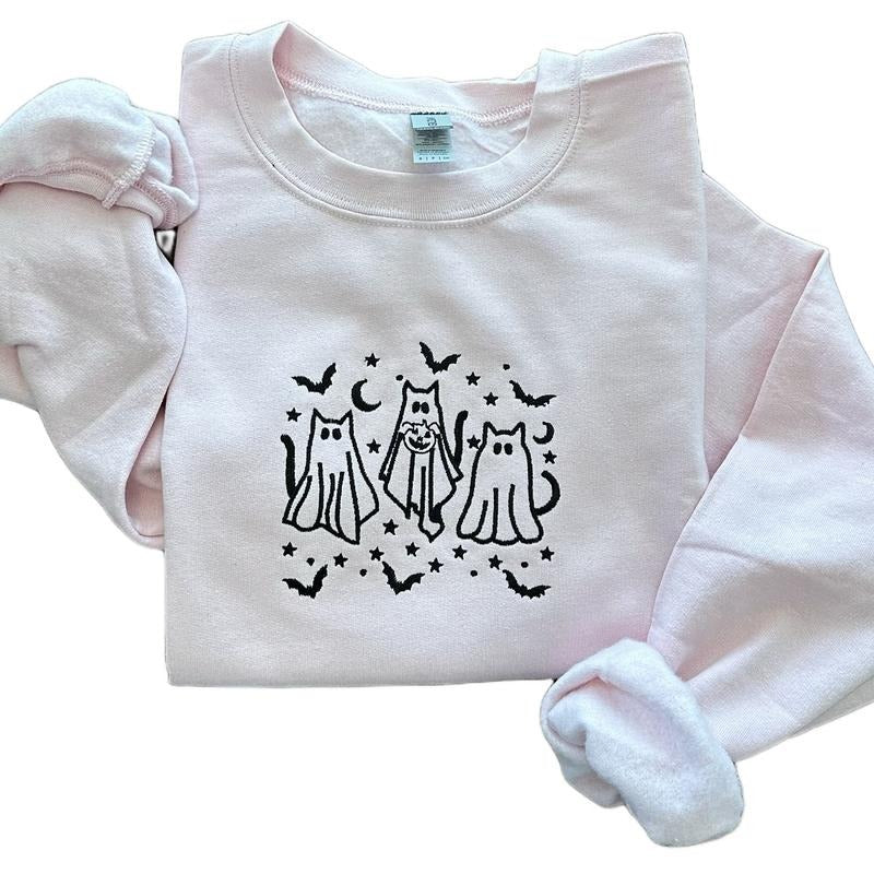 Cute Cat Halloween Embroidered Crewneck Sweatshirt Comfort Casual Fit T-Shirts, Hoodie | HypeCrazeTee.com