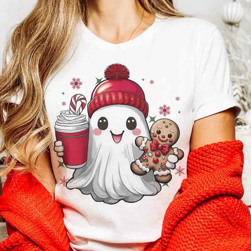 Cute Christmas Ghost Tee Coffee Christmas Ghost Tshirt Little Christmas Ghost Sweatshirt Gingerbread Cookie Ghost Top...