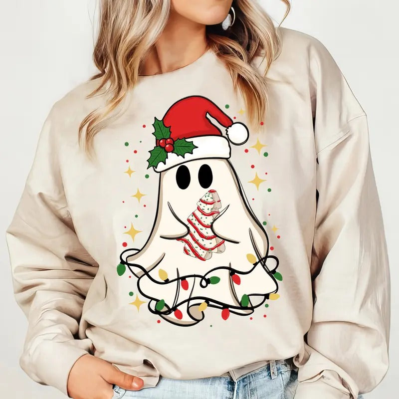 Cute Christmas Ghost Tree Cake Shirt, Merry Christmas Sweatshirt, Happy New Year T-Shirt, Christmas Holiday Clothing...