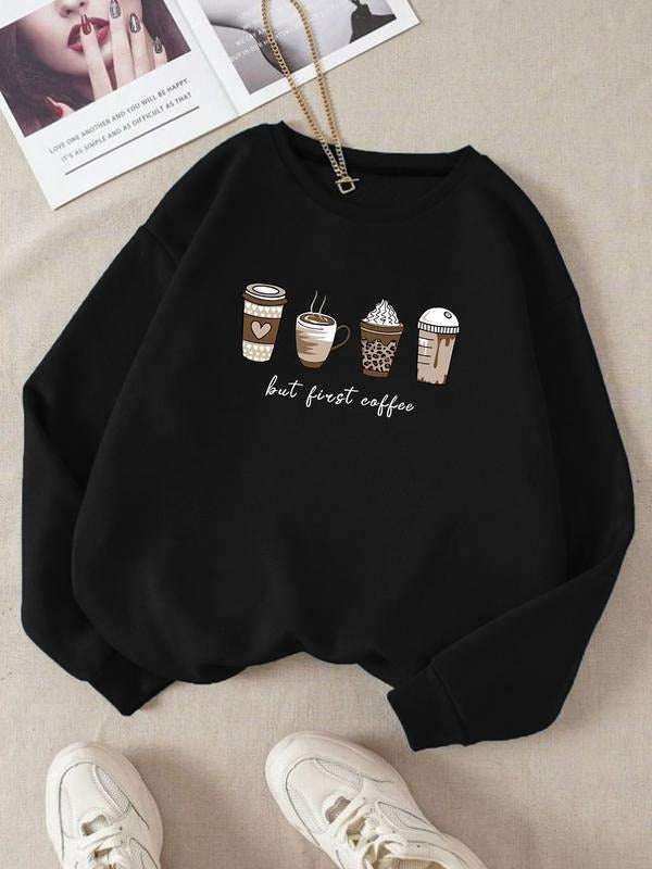 Cute Coffee Lover Graphic Print Round Neck Sweatshirt, Loose Fit Casual Long Sleeve, Trendy Design, Fall & Winter Fashion...