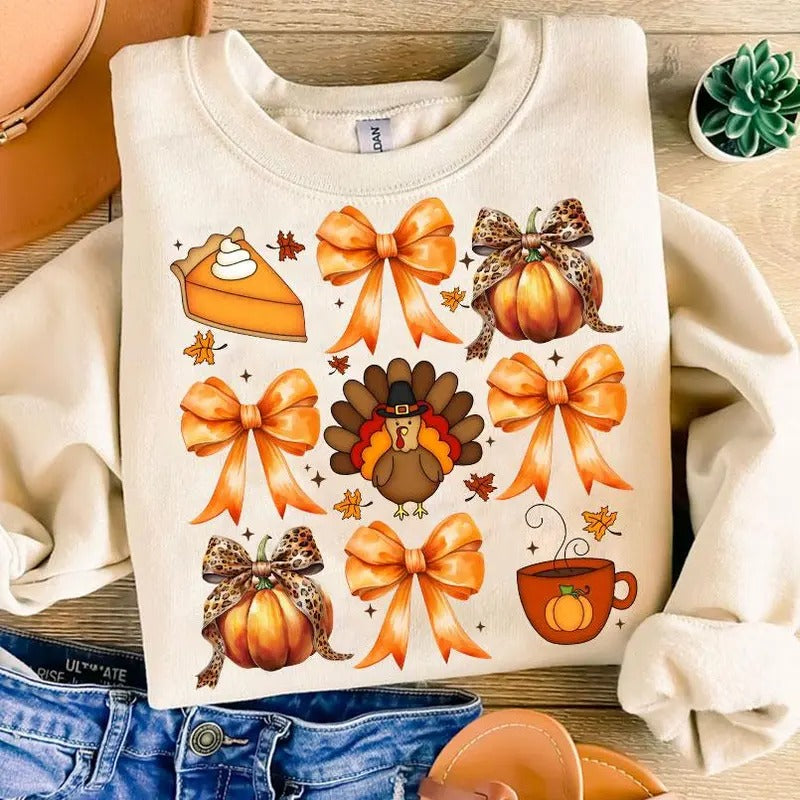 Cute Coquette Bows Turkey Pumpkin Pie T-Shirt, Thanksgiving Pumpkinball Turkey Sweatshirt, Pumpkin Spice Fall Holiday...