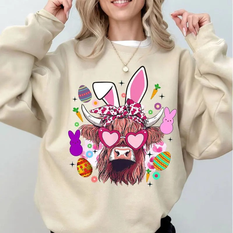 Cute Easter Farm Animal Apparel: Cows Easter Bunnies Sweatshirt Hifer Lover Sweater Highland Cow Crewneck & More -...