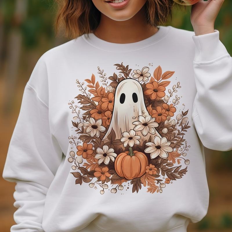 Cute Floral Ghost Sweatshirt Ponytail Skull Halloween Sweatshirt Rocker Halloween Girl Skull Pullover T-Shirts, Hoodie