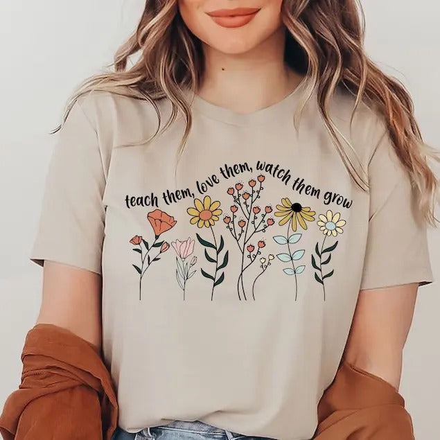 Cute Floral Teacher Shirts,Teach Them Love Them Watch Them Grow, Kindergarten Teacher Shirt, Back To School Shirt,...