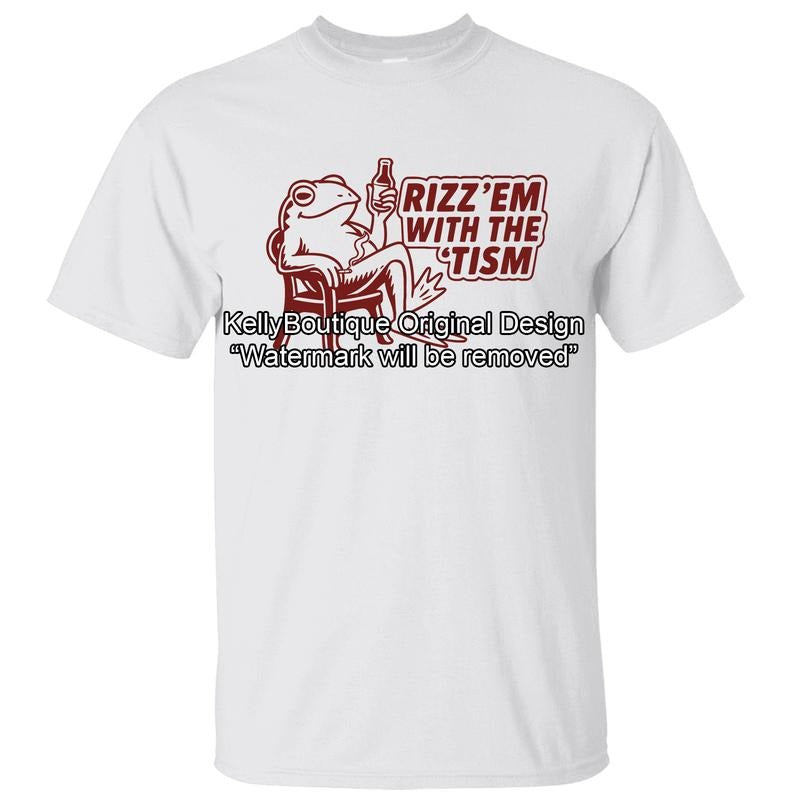 Cute Frog Chilling Rizz Em with the Tism T-shirt, Autism Neurodivergent Front Design Unisex Cotton T-shirt for Men for...