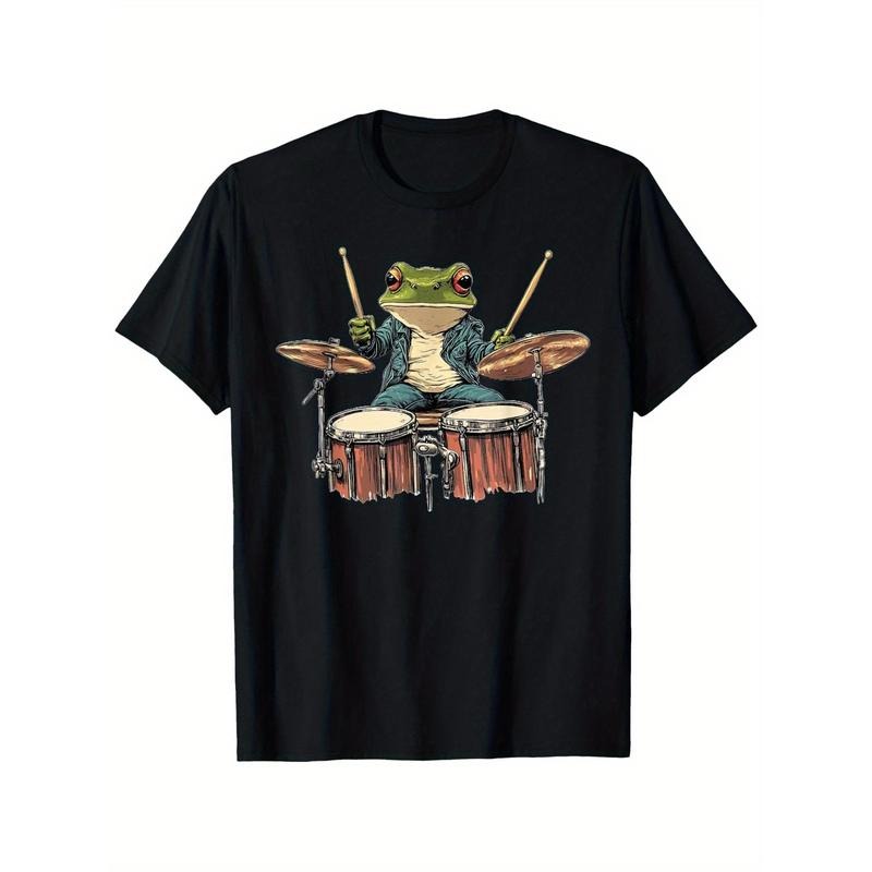 Cute Frog Playing Drums Graphic T-Shirt - 100% Cotton Regular Fit Unisex Tee with Vibrant Cartoon Musician Design,...