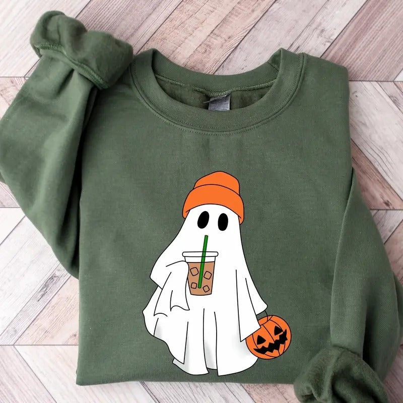Cute Ghost Drinking Coffee Crewneck Sweatshirt, Hoodie, T-shirt | HypeCrazeTee.com