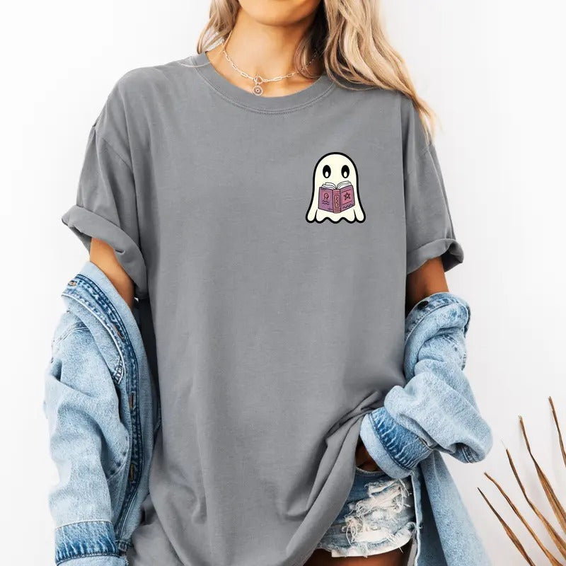 Cute Ghost Reading a Book design on custom colors tee shirt Casual Hoodie, Sweatshirt | HypeCrazeTee.com
