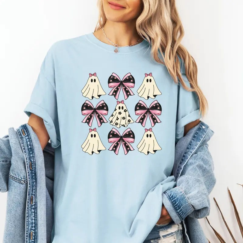 Cute Ghost and Bow design on custom colors tee shirt Casual Hoodie, Sweatshirt | HypeCrazeTee.com