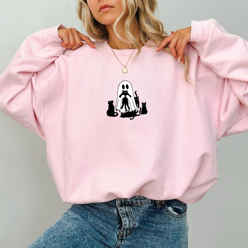 Cute Ghost with Cats Sweatshirt, Halloween Boo Cats Tops, Funny Ghost Hugging Black Cat Sweatshirt, Cute Ghost...