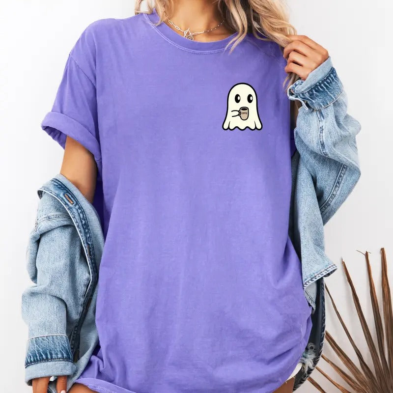 Cute Ghost with a Cup of Joe design on custom colors tee shirt Casual Hoodie, Sweatshirt | HypeCrazeTee.com