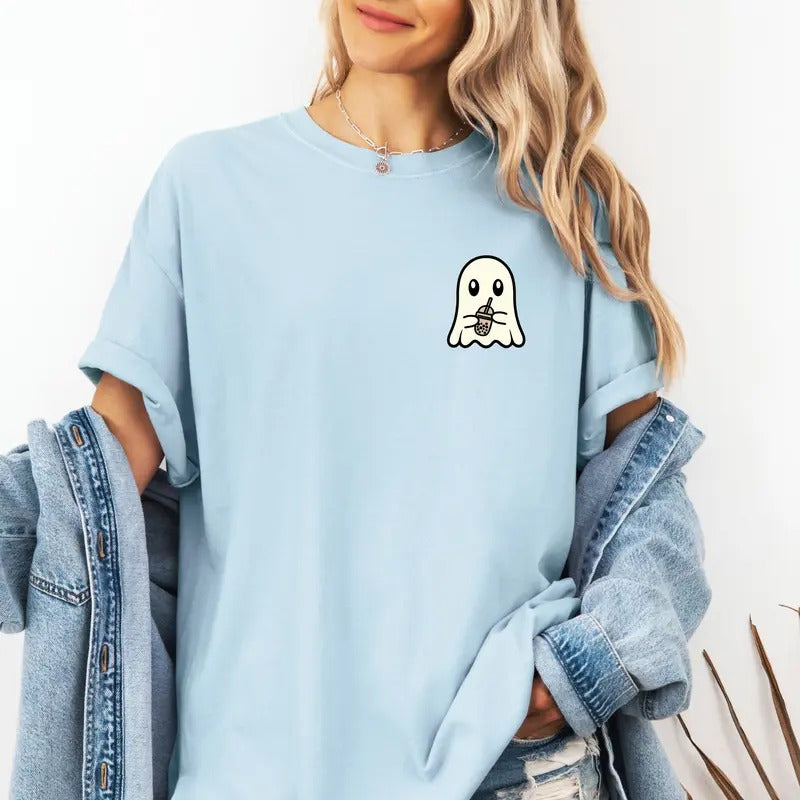 Cute Ghost with iced drink design on custom colors tee shirt Casual Hoodie, Sweatshirt | HypeCrazeTee.com