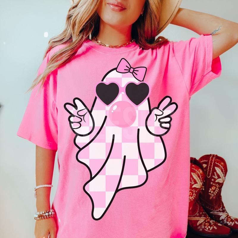 Cute Girly Ghost Blowing Bubble Shirt, Cute Ghost Halloween Shirt, Retro Halloween Ghost Shirt, Ghost Floral Shirt, Funny...
